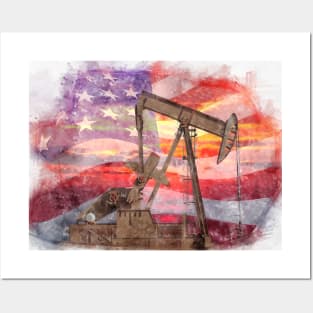 Pumpjack with American Flag pastel drawing Posters and Art